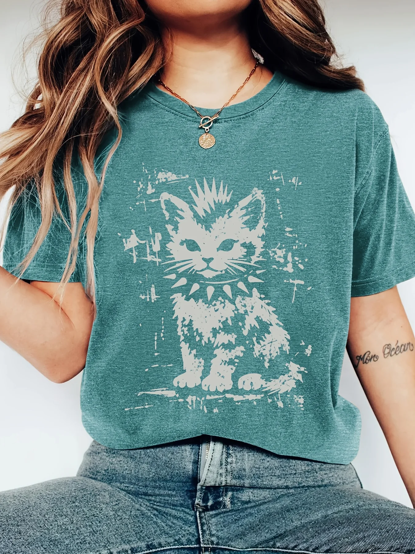 Women Teal Crewneck Tee Vintage Spiked Collar Cat Print Casual Short Sleeve Daily Tops
