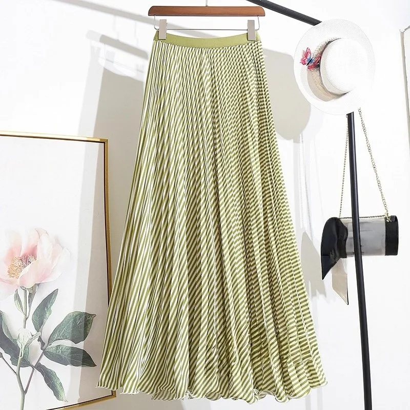 กระโปรงยาวทรงเอพลีทลายทางสีแดงสไตล์วินเทจสำหรับผู้หญิง เอวสูง ทรงหลวม สไตล์ลำลอง กระโปรงยาวพลิ้วไหว  ชุดฤดูใบไม้ผลิ/ฤดูร้อน 2026