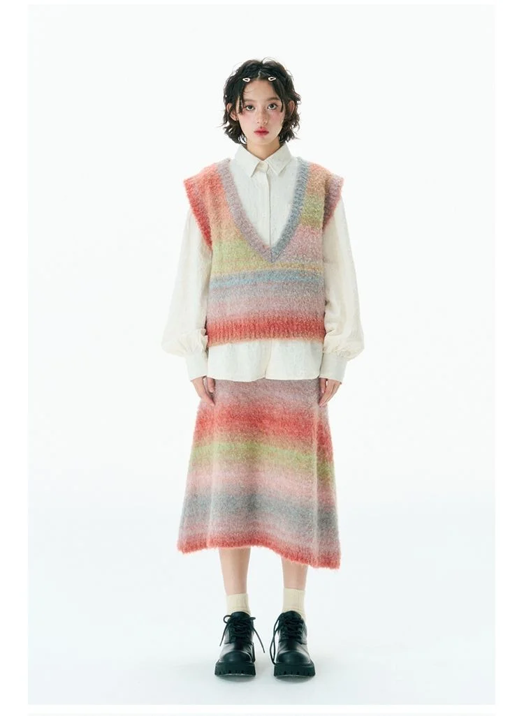 Korobov Y2k Rainbow Stripe Sleeveless Vneck Vest Knit Half Skirt Gradients Color Female Two Piece Set Vintage Fall Outfits Women