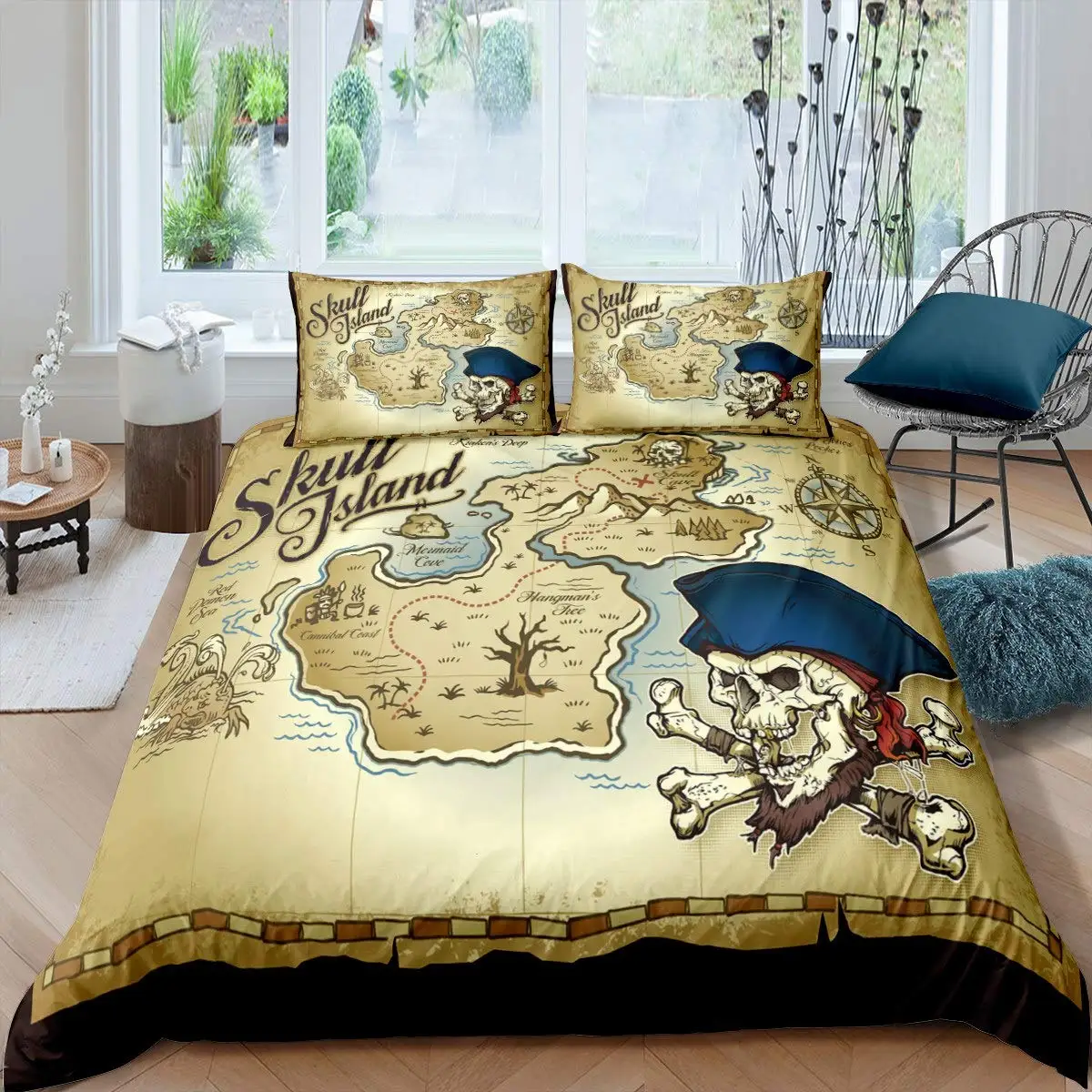 Pirates Skull Duvet Cover Sets for Boys Kids Men Teen Queen Lightweight Bedding Sets Nautical Bedding Set Bedroom Decor No Quilt