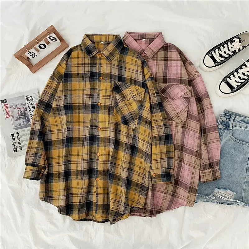 Retro Oversize Plaid Shirt Women Spring Fall Korean Fashion Long Sleeve Blouse Female Y2k Causal Loose All Match Tops Mujer New