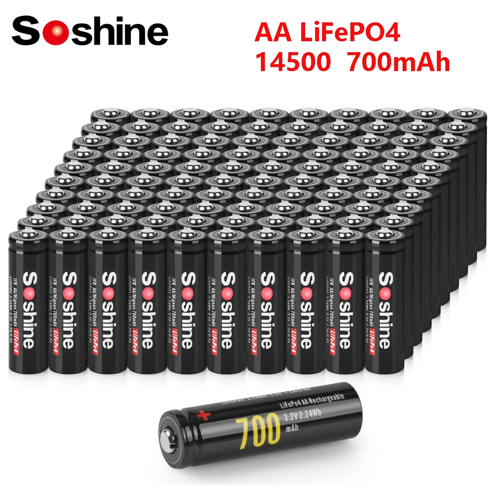 Soshine 100pc 700mAh 14500 LiFePO4 Battery 3.2V AA Rechargeable Battery 1000 Cycles Time for Wireless Mouse Flashlight Wholesale