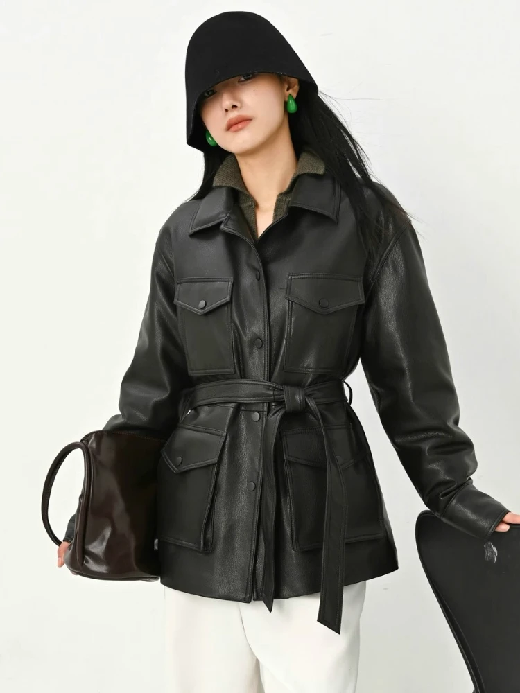 여성용 정품 가죽 다운 재킷 가을 겨울 고급 심플 소프트 블랙 리얼 양털 화이트 구스 다운 코트 (벨트 포함)