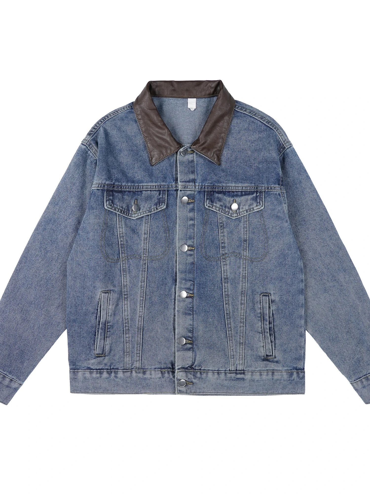 

American Sle Loose Jeans Jaet for Men And Women Autumn Heavy Waed PU Leather Collar Couple Workwear Top Casual Faion