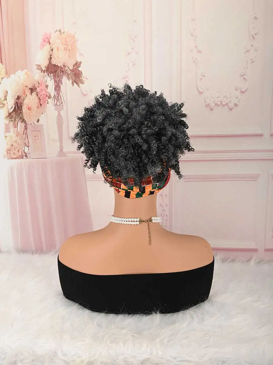Grey Black Mix Kinky Curly Headwrap Wig, Pre-tied Glueless Turban Hairpiece for African American Women Styling Synthetic Wig - view 3