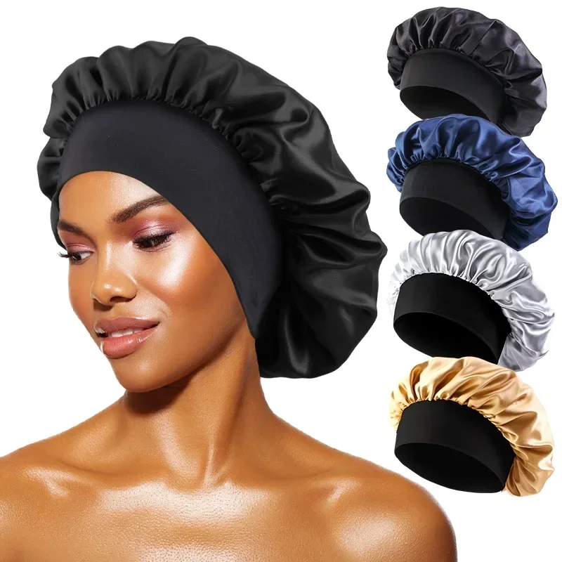 New Satin Sleeping Cap for Women Wide Elastic Band Shower Caps for Natural Long Curly Hair Bathroom Accessories