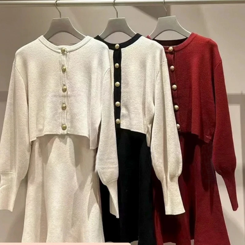 2023 Autumn And Winter New Women's Clothing Elegant Metal Buckle Sweater Long-Sleeved Top A-Line Skirt Two-Pieces Set Outfits