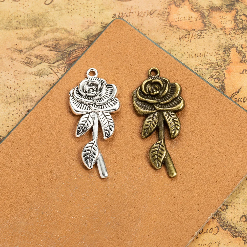 10Pcs Charms Flower Rose 21x13mm Handmade Craft Pendant Making Fit,Vintage Tibetan Bronze Silver Color,DIY for Bracelet Necklace