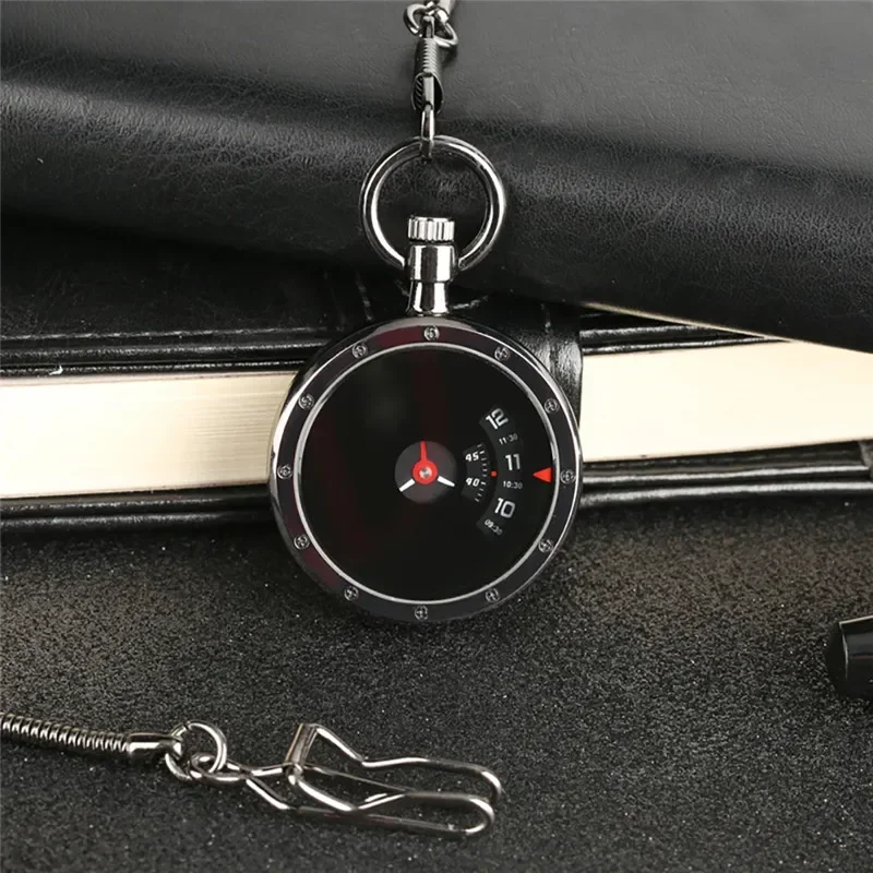 Black/Silver Turntable Dial Pocket Watch Quartz Black Pendant Snake Chain Clock for Men Women Creative Timepiece Gifts