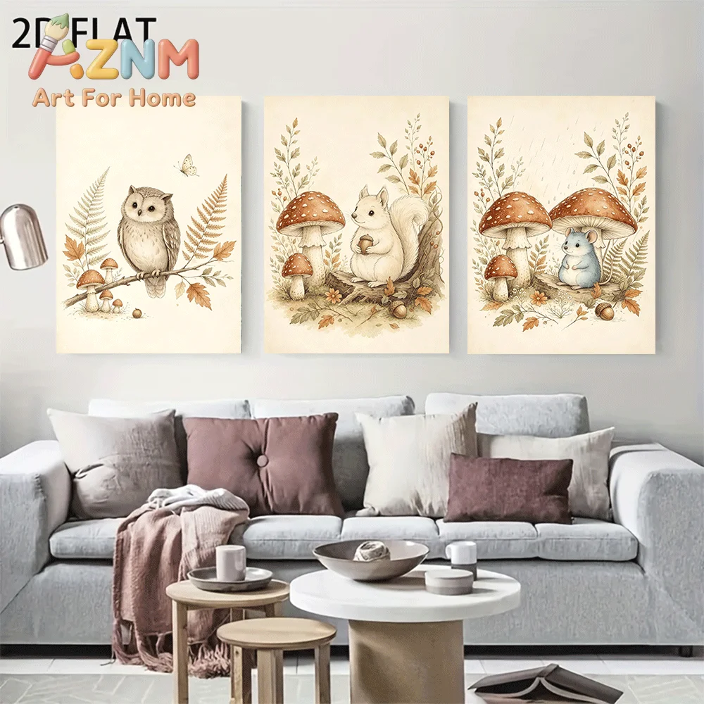 AZNM Frameless Canvas Wall Art, Watercolor Forest Animal Print, Owl Squirrel Mouse Mushroom Botanical Art Poster for Kids Nurser