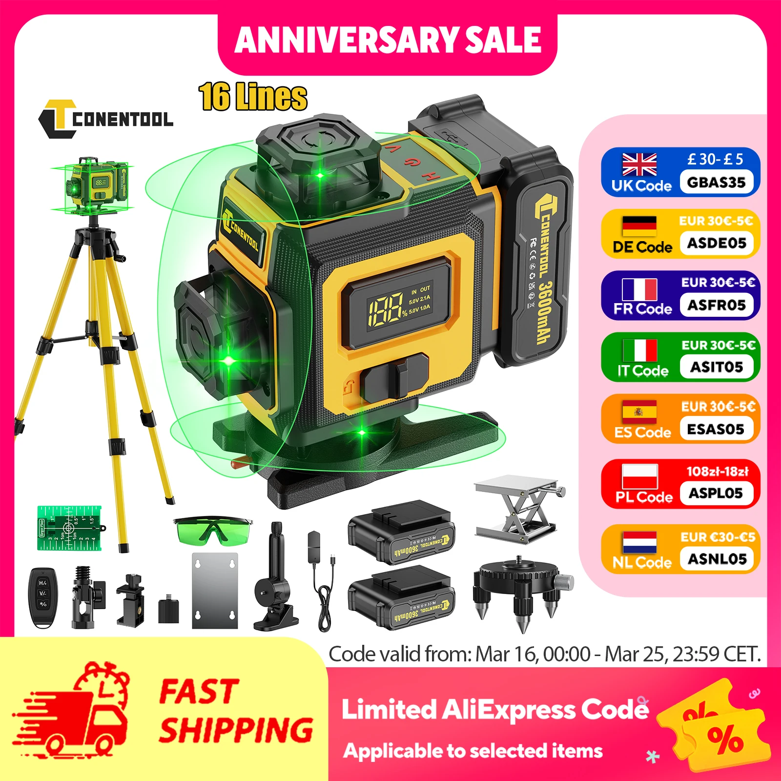 CONENTOOL 16 Lines Laser Level Tripod 4D 360°Self-leveling Horizontal Vertical Professional Laser Level Tools 2x3600mAh Battery