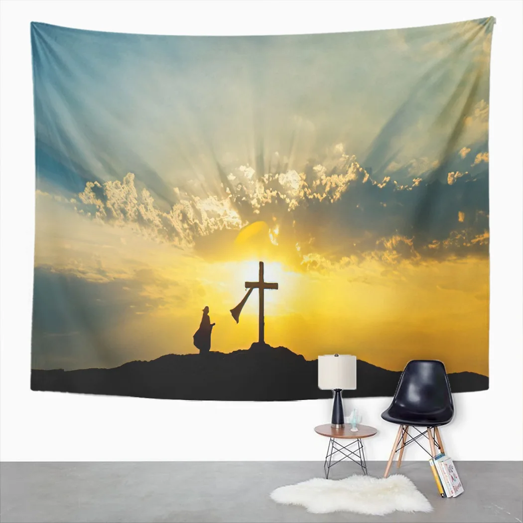 Christ Resurrection Tapestry Wall Hanging Holy Cross Jesus Wall Art Tapestries for Home Living Room Bedroom Decor Picnic Mat