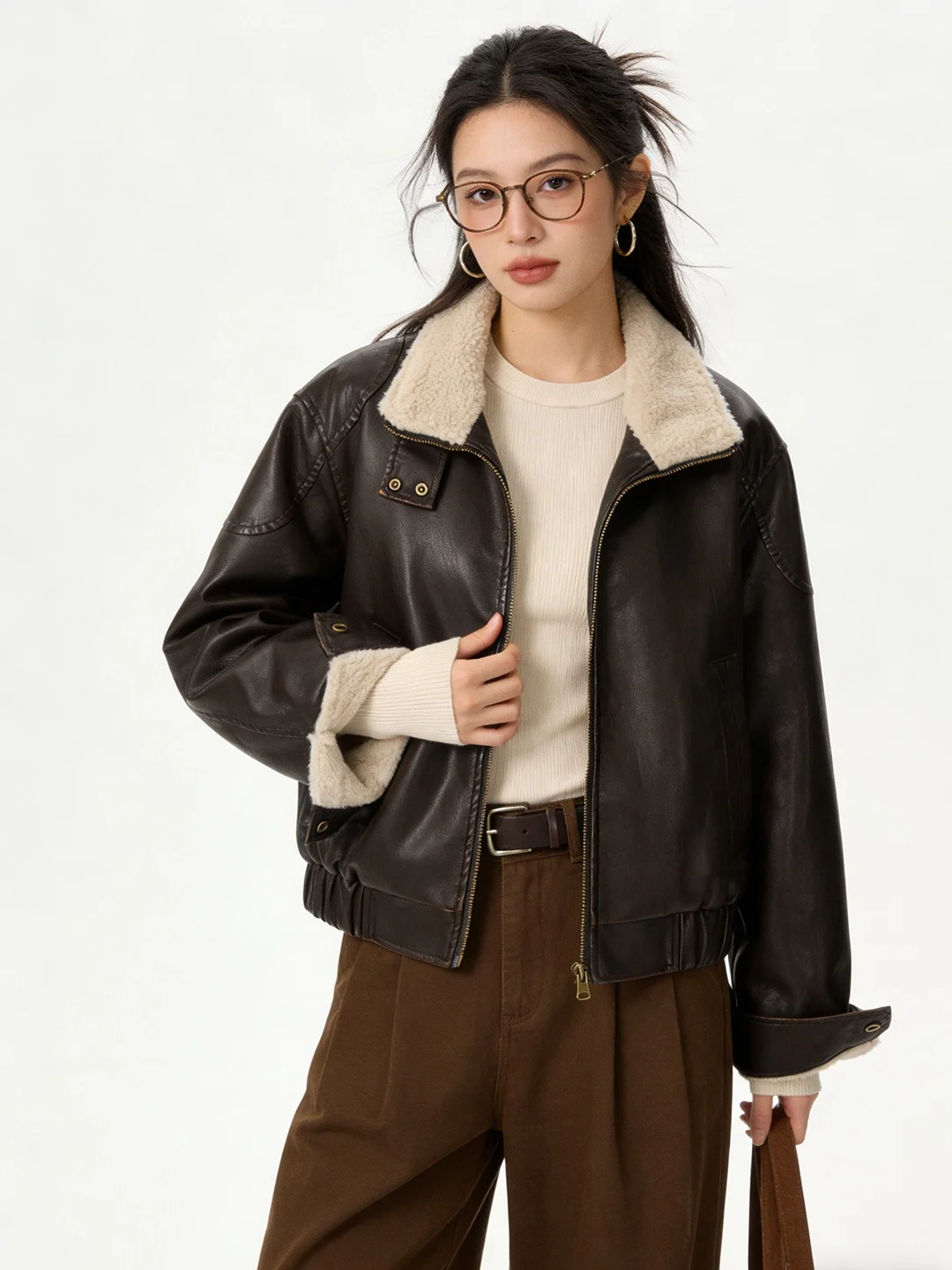 Ele PU-Lederjacke im Motorradstil für Damen, verdickt, warm, locker, kurzer Mantel aus Baumwollmischung mit Reißverschluss und Kragen