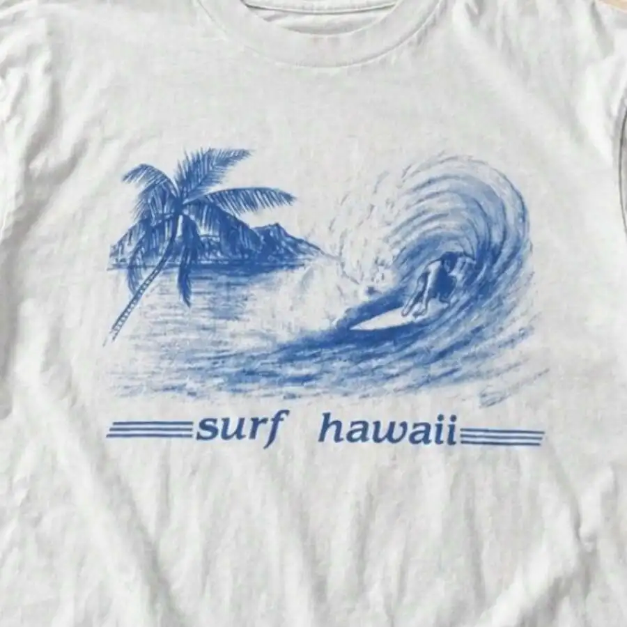 Vintage Sketch Style Surf Hawaii Wave Palm Tree Graphic T‑Shirt Crew Neck Short Sleeve Summer Beach Surfing Daily Casual Tee Top