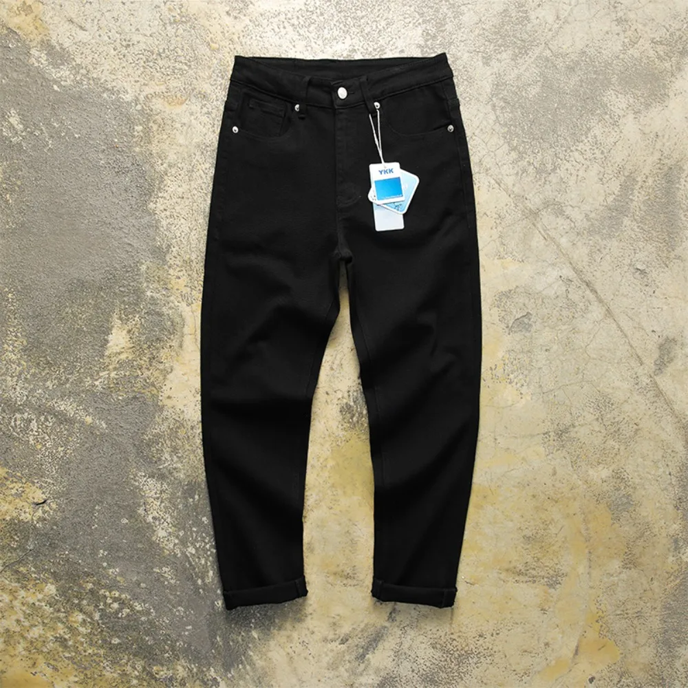 

New high-end jeans pure black thin slim elastic versatile small straight-foot trousers