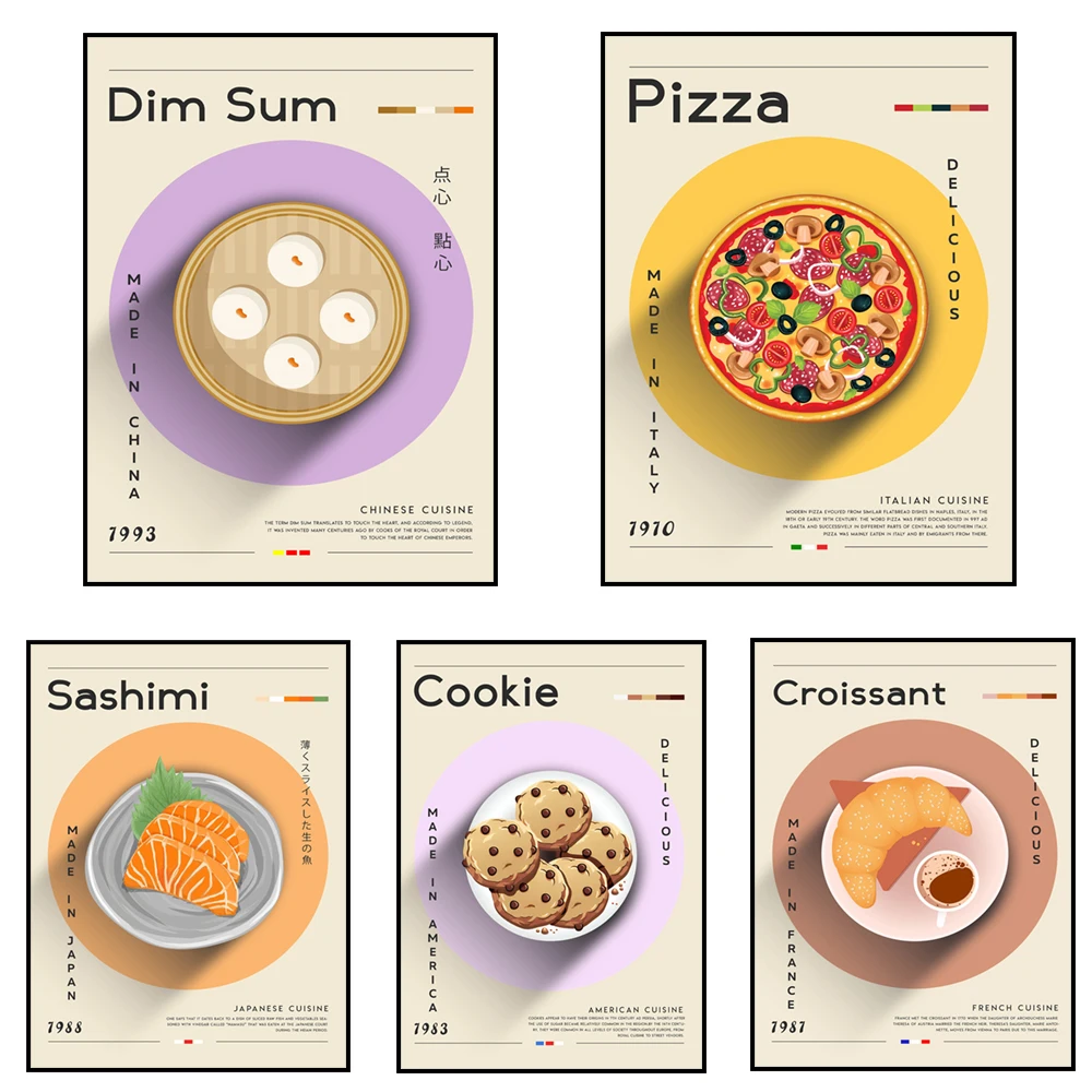 Sashimi japonés, wontons, ensalada de papaya verde, postres, croissants, satay, pizza, fideos de arroz frito tailandés (poster de comida)
