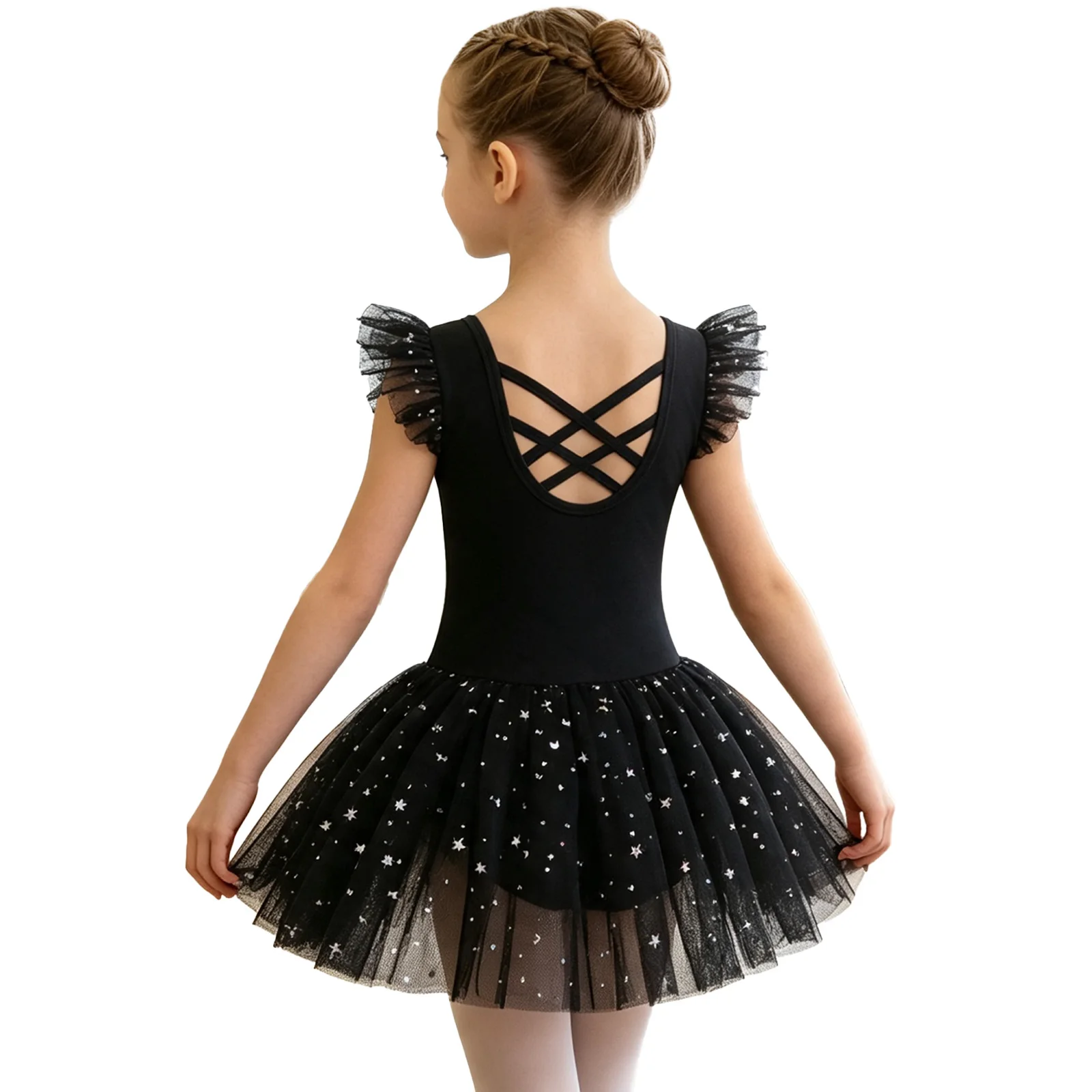 Kids Girls Ballet Dance Dress Ruffled Sleeve Cross Back Mesh Shiny Rhinestone for Figure Skating Gymnastics Practice Performance