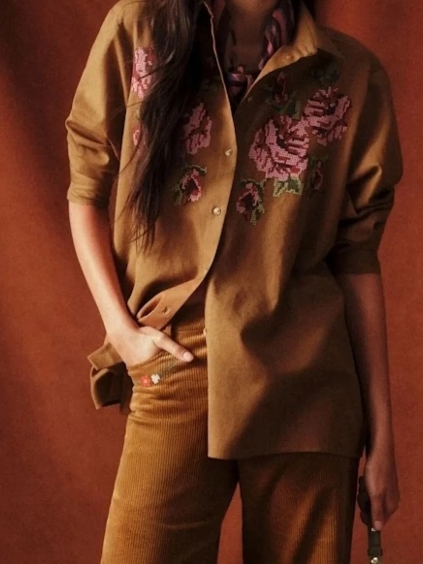 

Pure Cotton Long Sve Se irt Floral Cross Stitch Brown Collar Women's Spring Casual Sle Breathable Comfortable Cotton S...