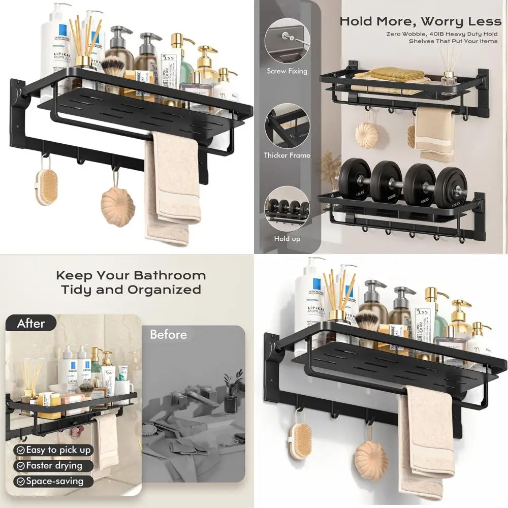 

Matte Black Wall-Mounted Organizer with 5 Hooks and Foldable Towel Bar, 23 Rust-Resistant Shelves for Home and RV Bathrooms