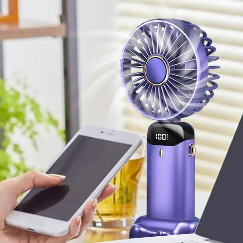 Ventilador portátil portátil com suporte do telefone, ventilador pessoal dobrável, display digital LED, ventilador recarregável USB, 5 velocidades