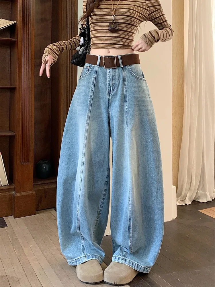 

Retro Wash Blue Denim High Waist Wide Leg Jeans Women Spring American Style Slimming Long Pants Casual Commute Style
