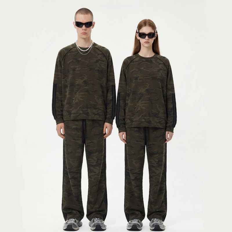 Men's Camouflage Tops & Pants Sets Heavyweight Sportswear Casual Straight Loose Fit Youth High End Unisex Pants Tee Shirts Sets