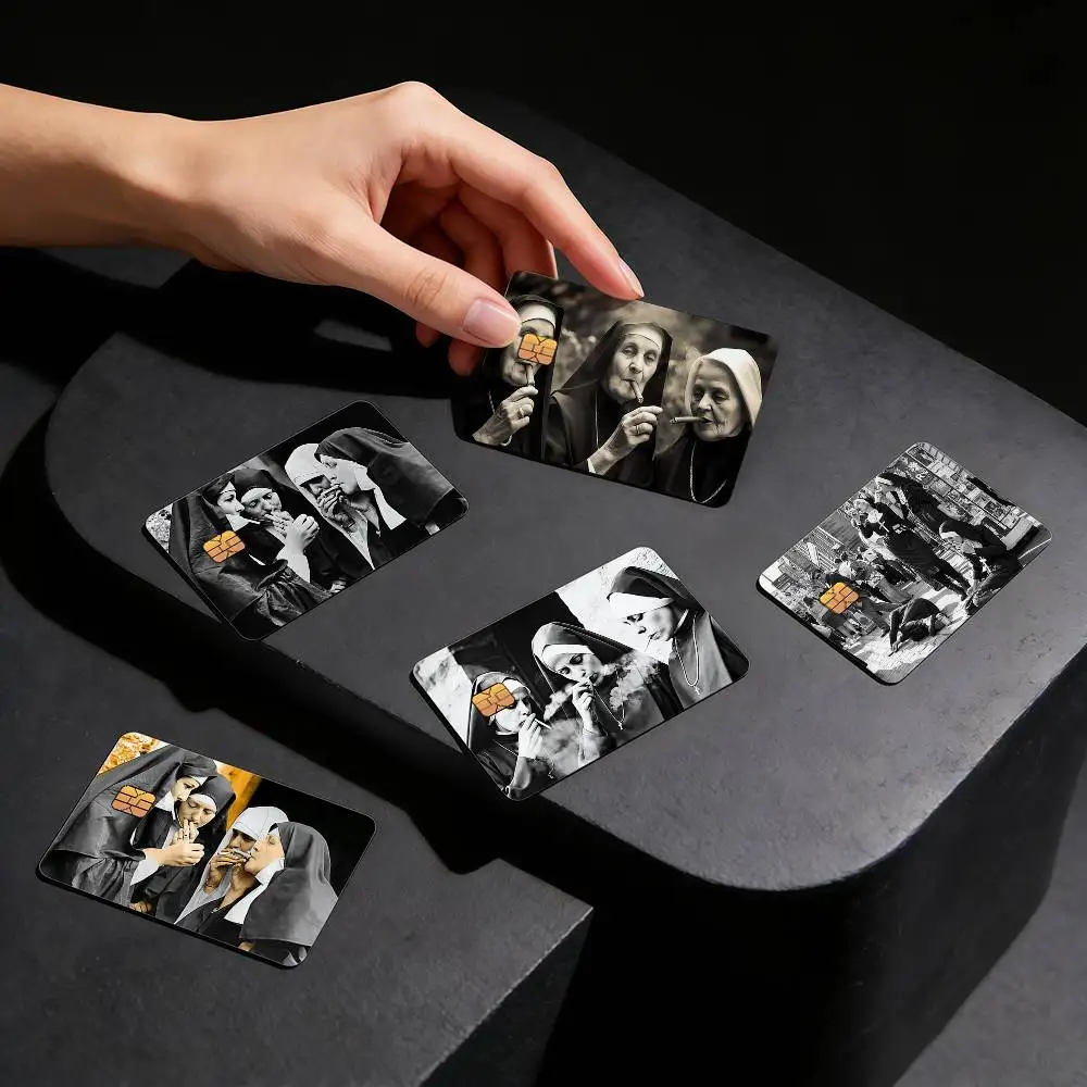 Black Vintage Nuns Enjoying Smoking Credit Card Skin Sticker Cover Decal Wrap Debit Card Stickers Durable Removable
