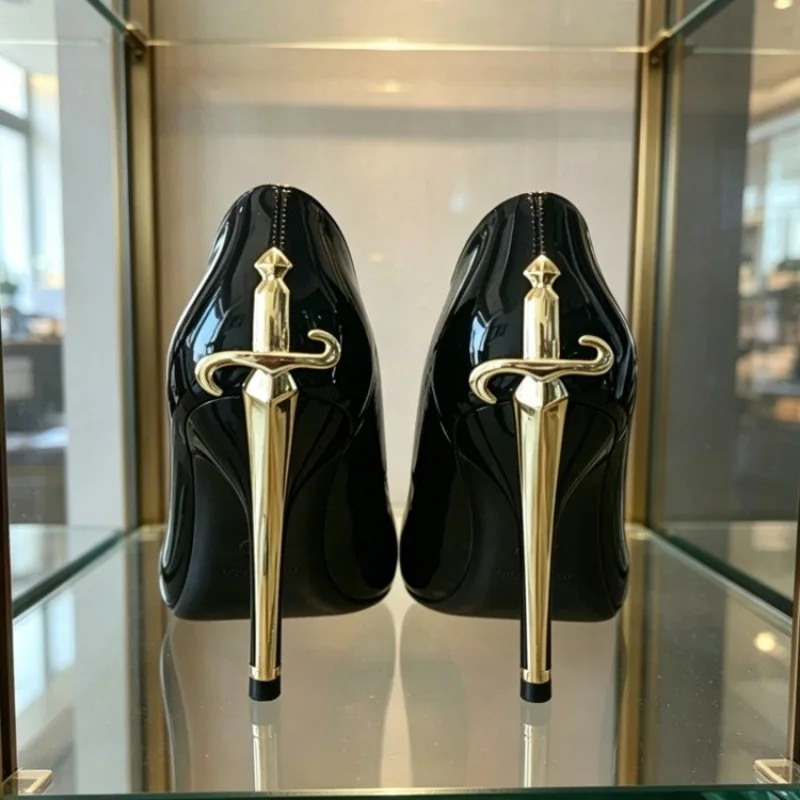 2026 New Red Sole High Heels Women's Thin Heel Pointed Toe Metal Sword Sexy Lady Black Painted Leather Single Shoes image 6