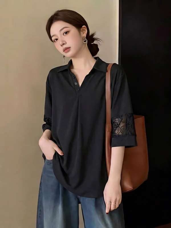 

Elegant Black Lace Hollow out V-Neck Shoulder Shirt Women's plus Size Fashionable Top Korean Style Commute Wind Loose Fit