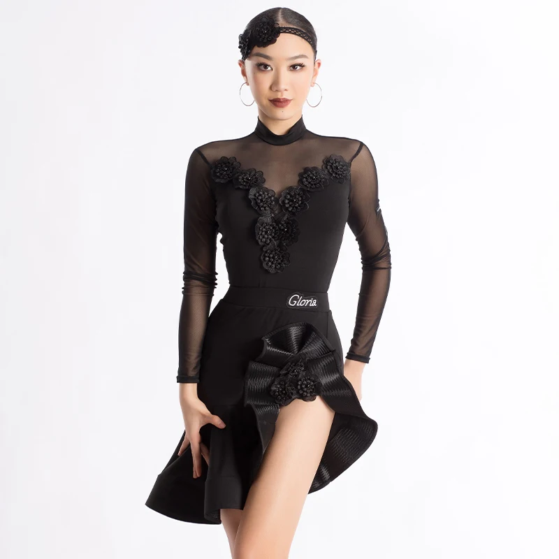 

Latin Dance Costume Female Mesh Splicing Long Sleeve Fishbone Skirt Set Dancing Practice Clothes Latin Training Wear VBH915