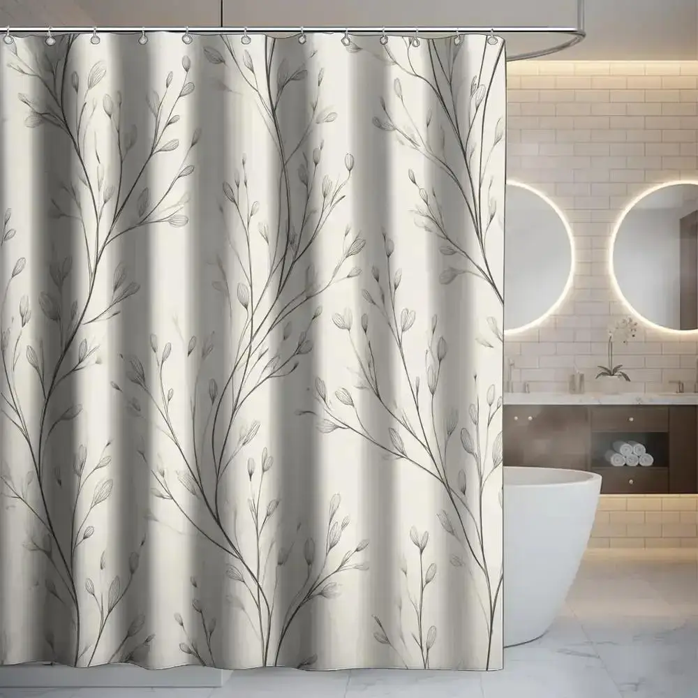 

Minimalist Branch Shower Curtain Gray Botanical Pattern Bathroom Decor Waterproof Curtains Elegant Home Style
