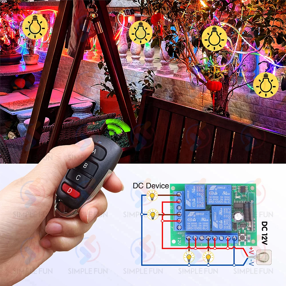 433 Mhz Universal Drahtlose Fernbedienung Licht Schalter DC 12 V 4CH RF Relais Empfänger 60 m Reichweite für Licht/Garage Tür/LED DIY – Detail 11
