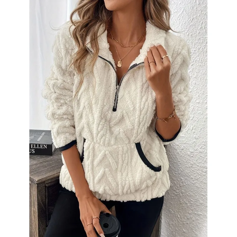 

Fashion Jacquard Half Zipper Plush Pocket Short Hoodie Autumn Winter New Women's Casual Collar Solid Color Coat Pulls Femmes
