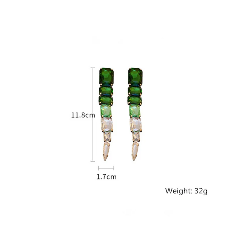FYUAN Square Green Crystal Earrings Oversize Ladys Long Geometric Dangle Earrings for Women Fashion Jewelry Gifts