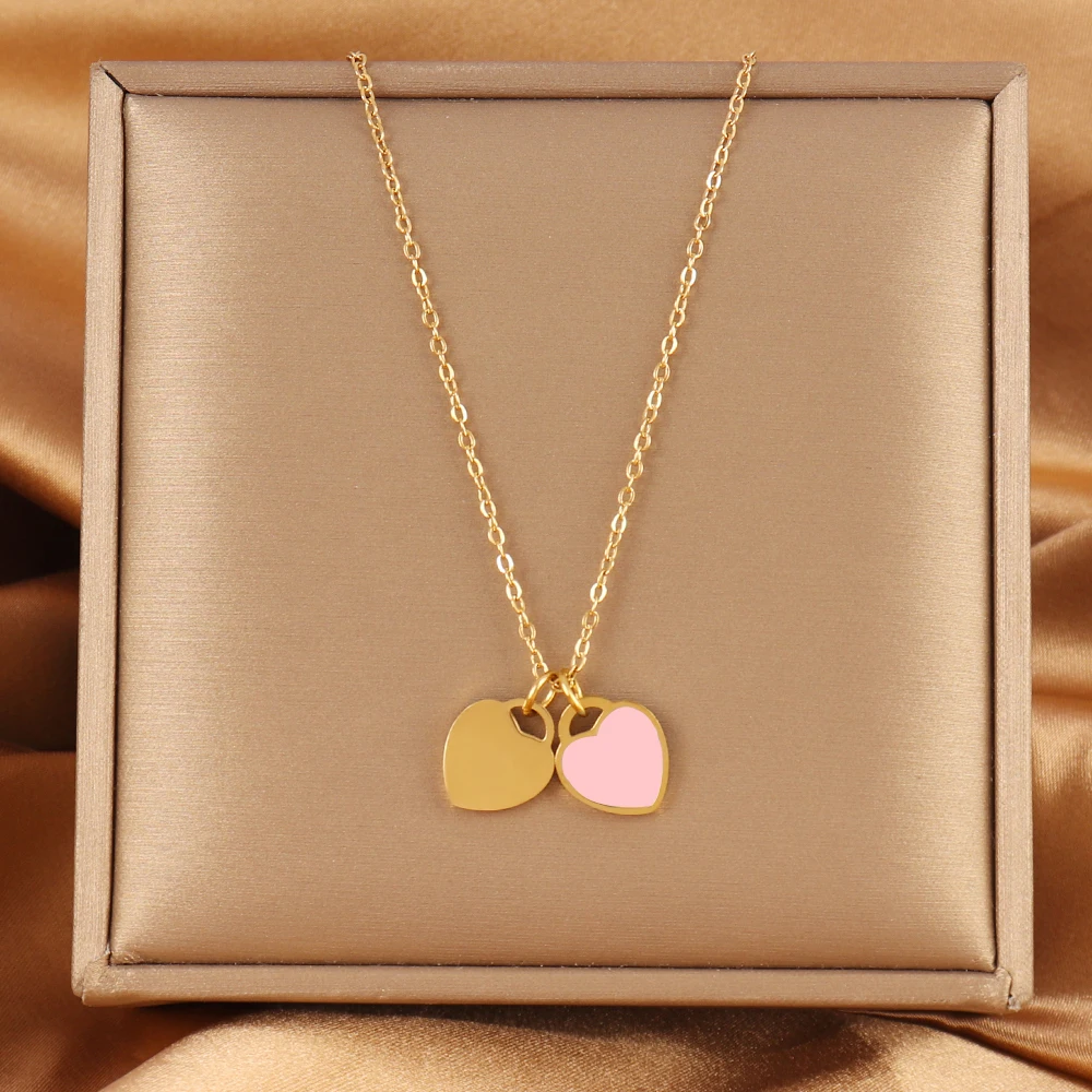 18k Gold Plated Stainless Steel Enamel Love Double Heart Pendant Necklace For Women Chain Choker Friendship Jewelry Wholesale