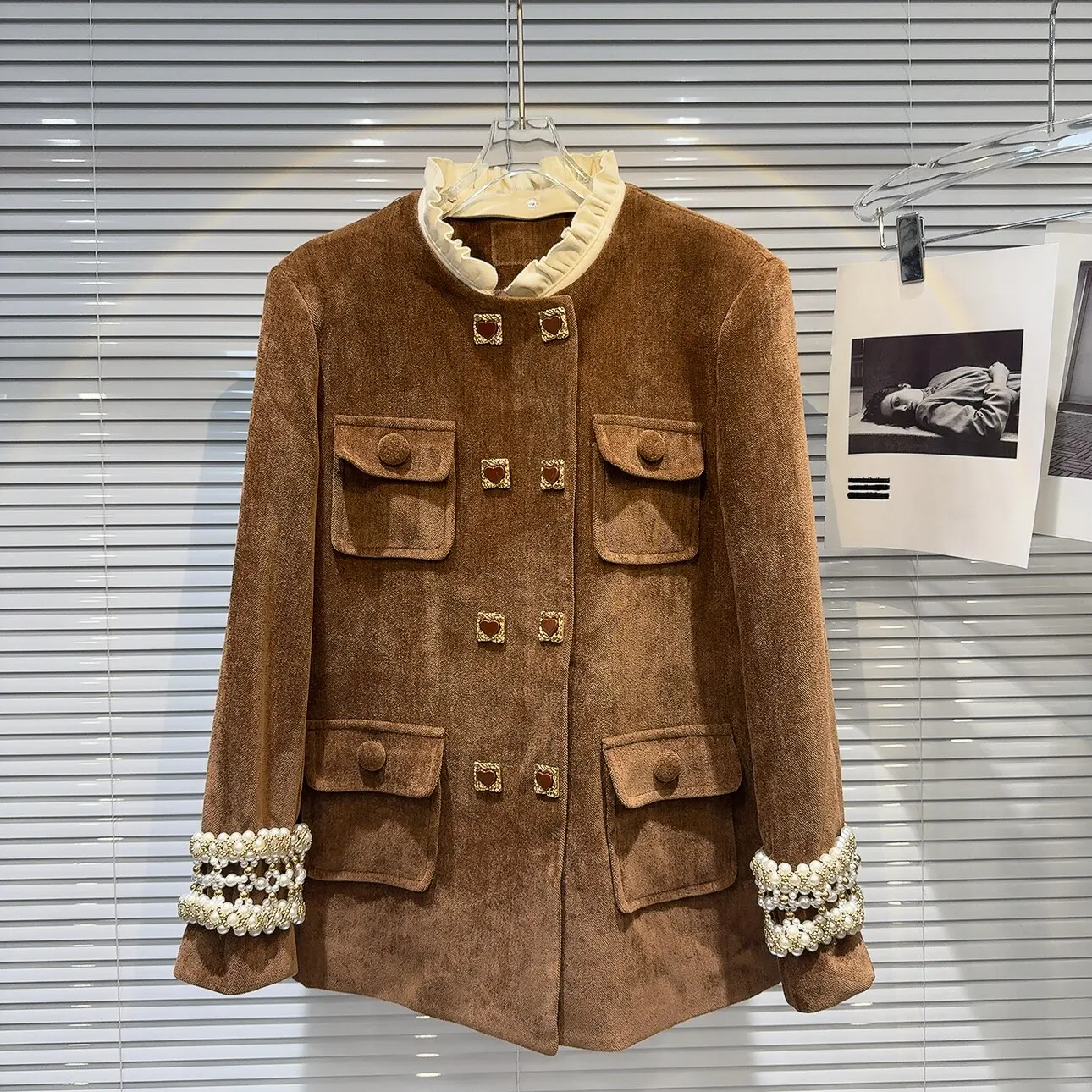 Elegant Brown Coat Pearl Lace Cuffs Double-breasted Plush Light Luxury Retro Autumn Winter Coat Y2K Daily Casual Commuter Jacket
