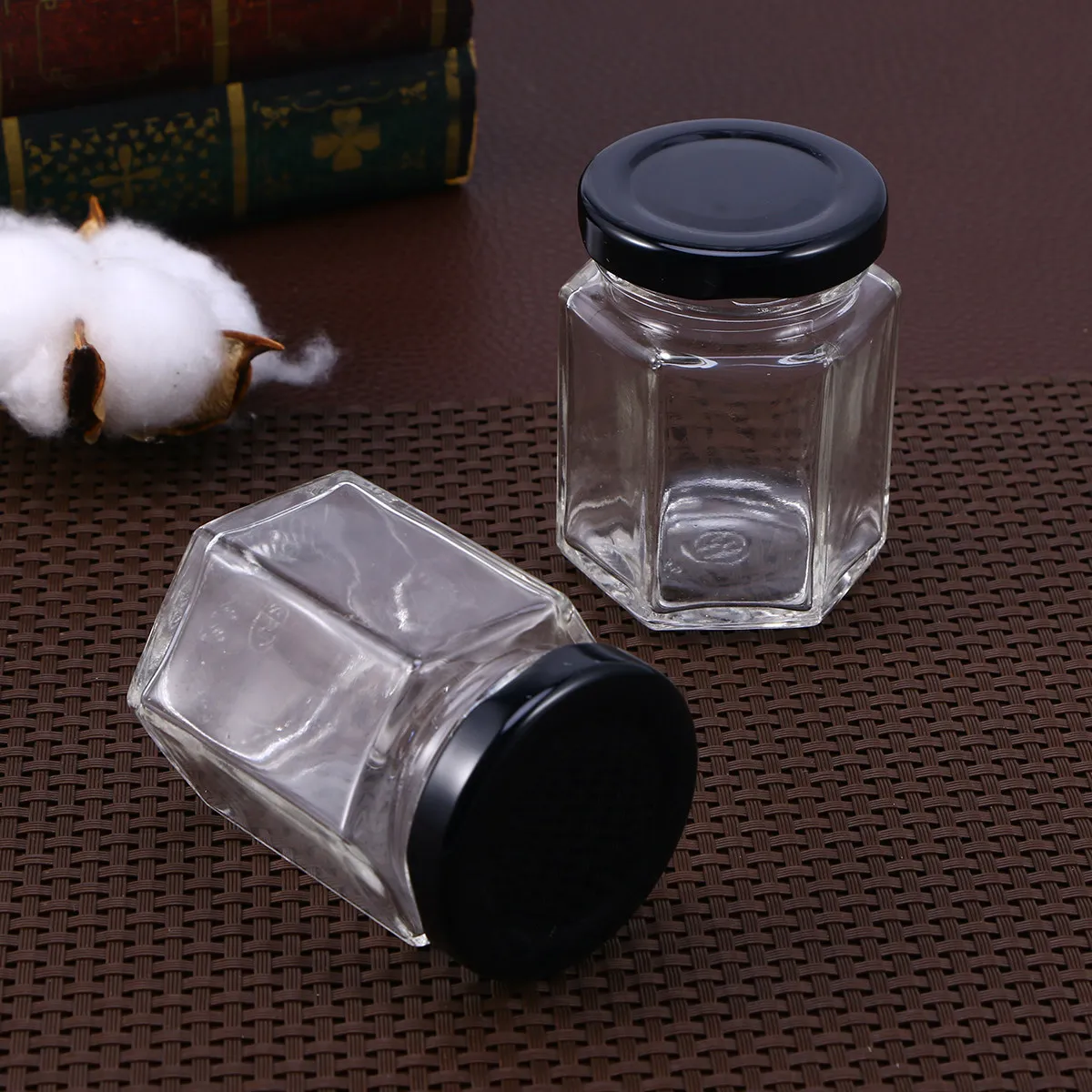 45Ml Hexagon Transparent Glass Honey Storage Bottle Empty Jar Nut Sugar Canister Tank Home Kitchen Storage Organizer