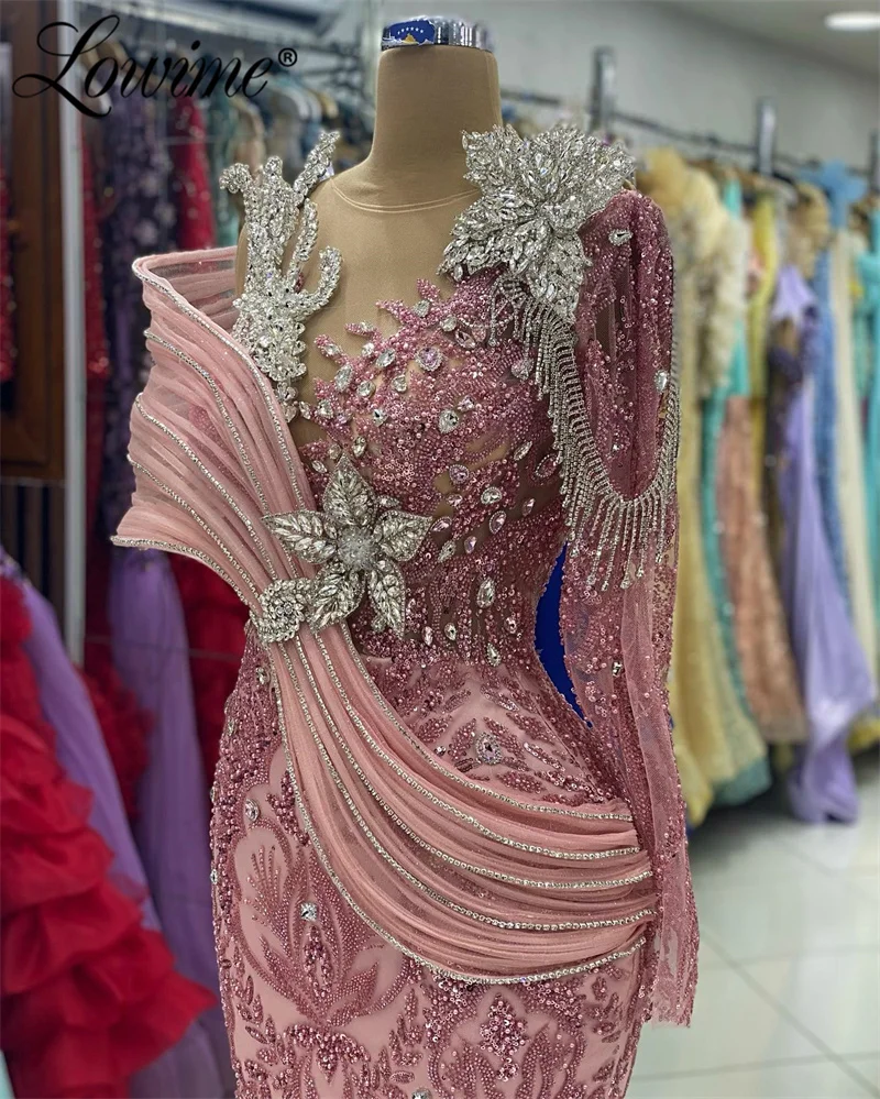 Robe Soirée Femme Mermaid Pink Prom Dress Long Sleeve Luxury Wedding Party Dresses For Women Arabic Dubai Evening Gown Customize