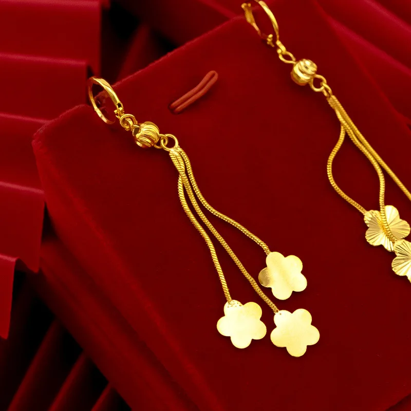 Women's Flower 9999 24K Real Gold Plum Blossom Long Tassel Earrings Earring Fashionable Earrings Gift for Women Girls Mom