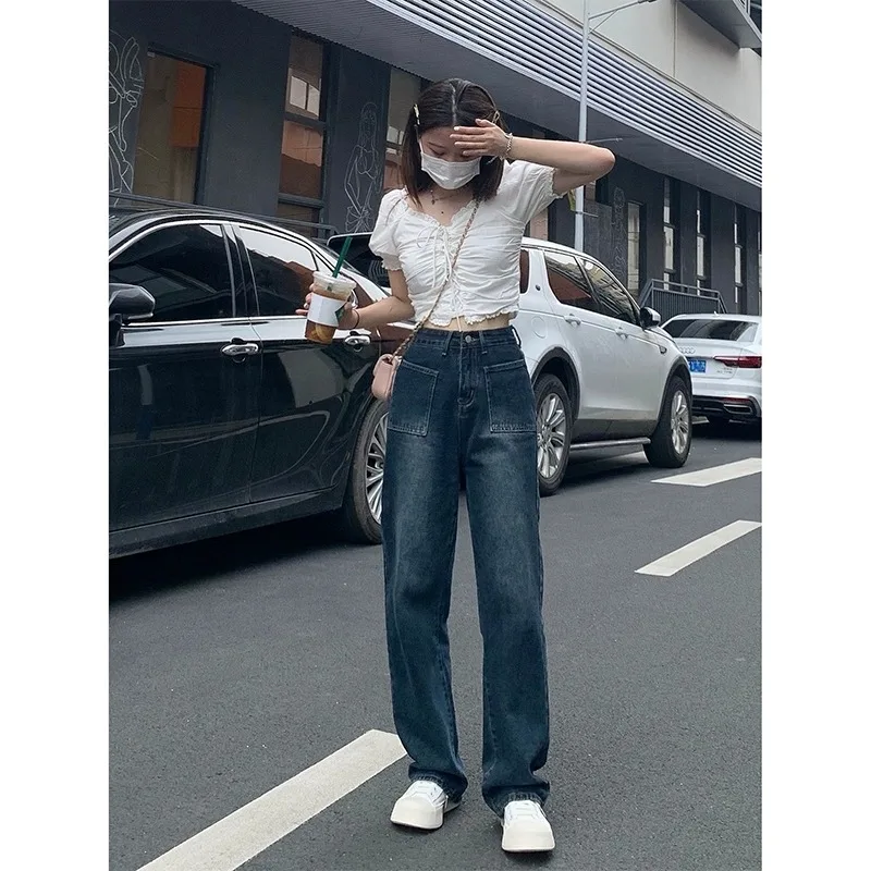 

Американские широкие джинсы в стиле ретро с высокой талией, прямой крой, длина пола для грушевиков, женские осенние новые модные хлопковые джинсы...