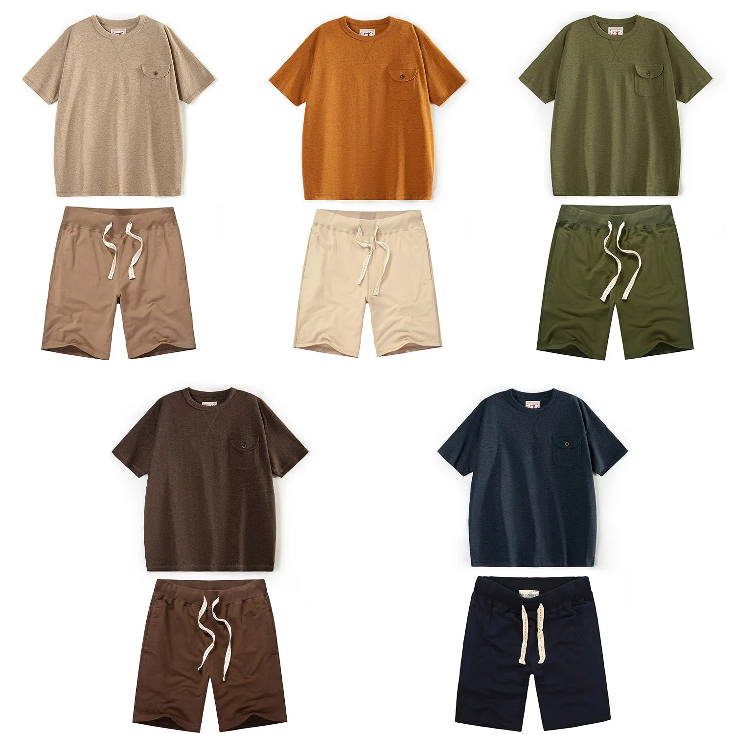 1Set Summer Heavy Cotton Slub Pocket Tee Retro Crew Neck Basic Short Sleeve Loose Drawstring 5in Sports Casual Shorts Men Unisex