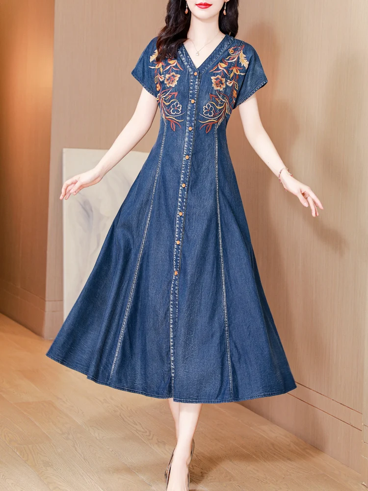 TIYIHAILEY New Free Shipping Long Mid-Calf Short Sleeve Summer Denim M-3XL Chinese Style Single Breasted Embroidery V-Neck Dress