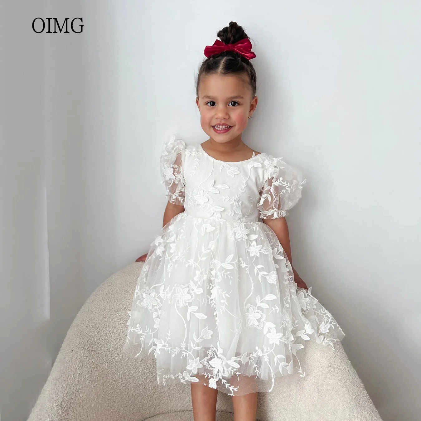 OIMG Cute A-line Flower Girl Dresses Puff Sleeves 3D Flowers Gown Wedding Party Dress Bow Princess Birthday Dress Customized