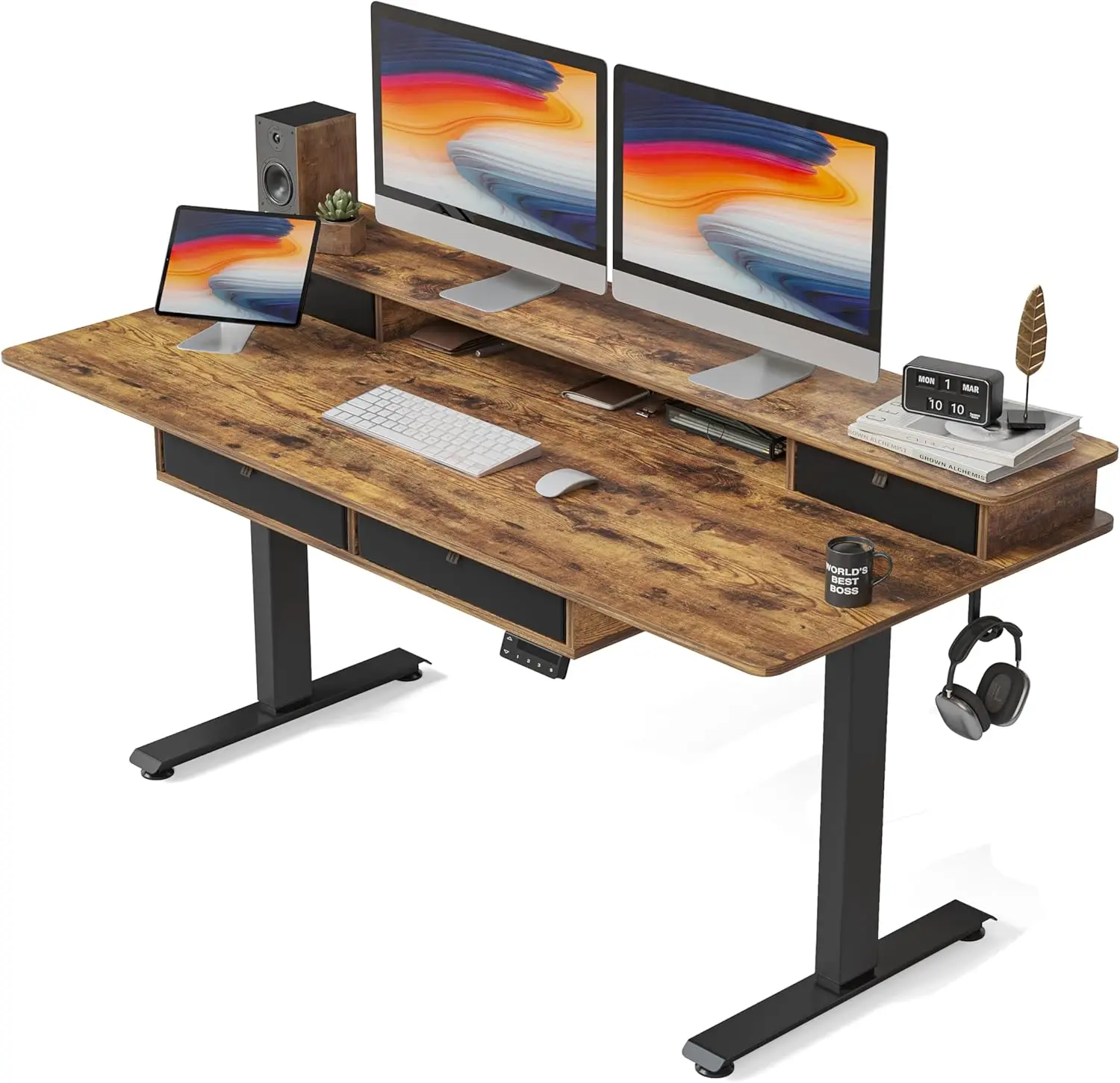 

55 x 24 Electric Standing Desk Adjustable Height with 4 Drawers Sit Stand Desk with Storage Shelf Rising Desk with Splice Board