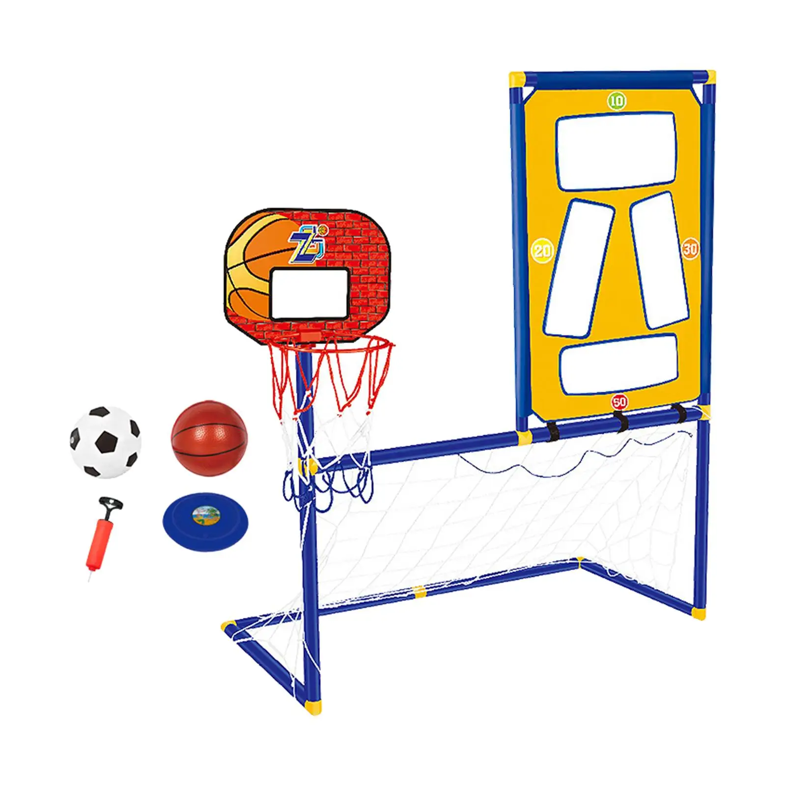 

Football Goal Basketball Stand Disc Rack Multifunctional Basketball Hoop with Soccer Goal Net and Disc Rack for Indoor Outdoor