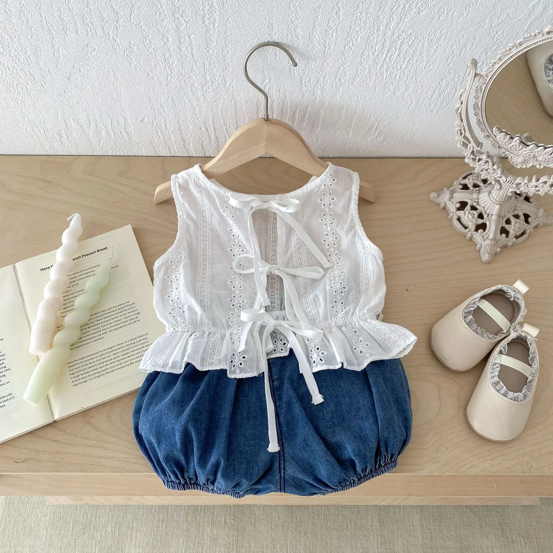 Summer Korean Child Baby Girls 2PCS Clothes Set Lace Hollow Muslin Sleeveless Tops Denim Shorts Suit Toddler Girls Outfits