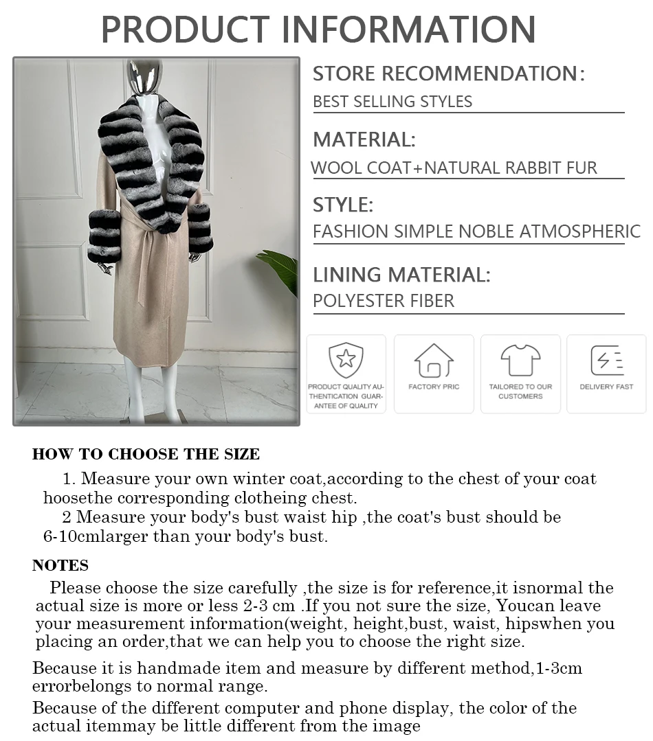 Chinchilla Fur Coat Women's Cashmere Wool Long Coat With Real Rabbit Fur Collar Cuffs High Quality