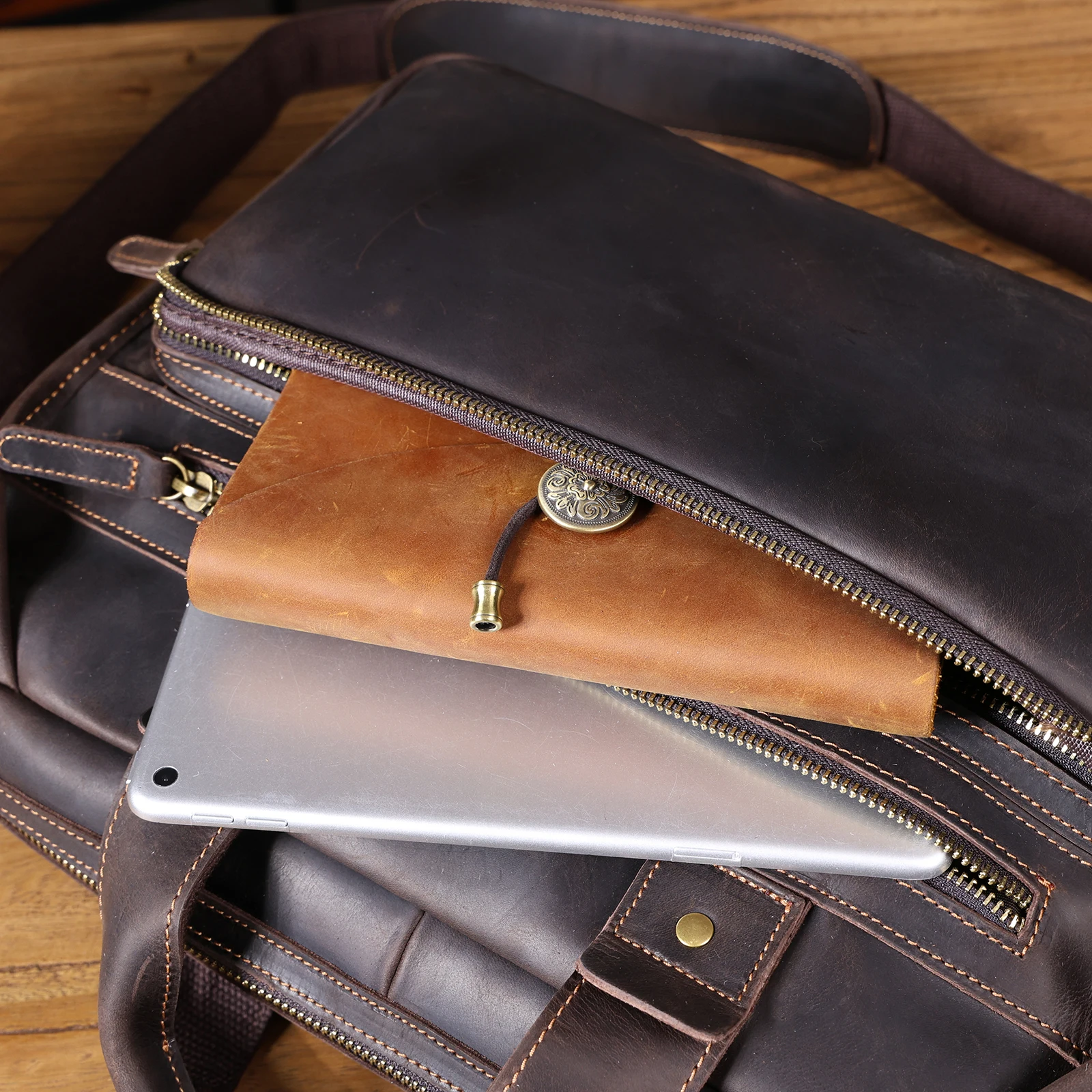 Vintage Echtleder Herren-Aktentasche 14" Laptop-Tasche Crazy Horse Leder Messenger-Handtasche Rindsleder Geschenkidee für Männer – Detail 20