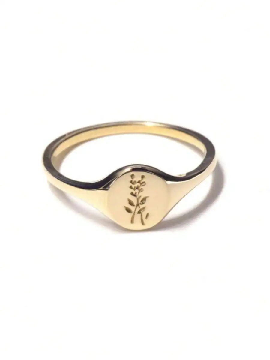 

Elegant Gold-Tone Signet Ring With Delicate Lavender Botanical Engraving For Everyday Wear And Special Occasions