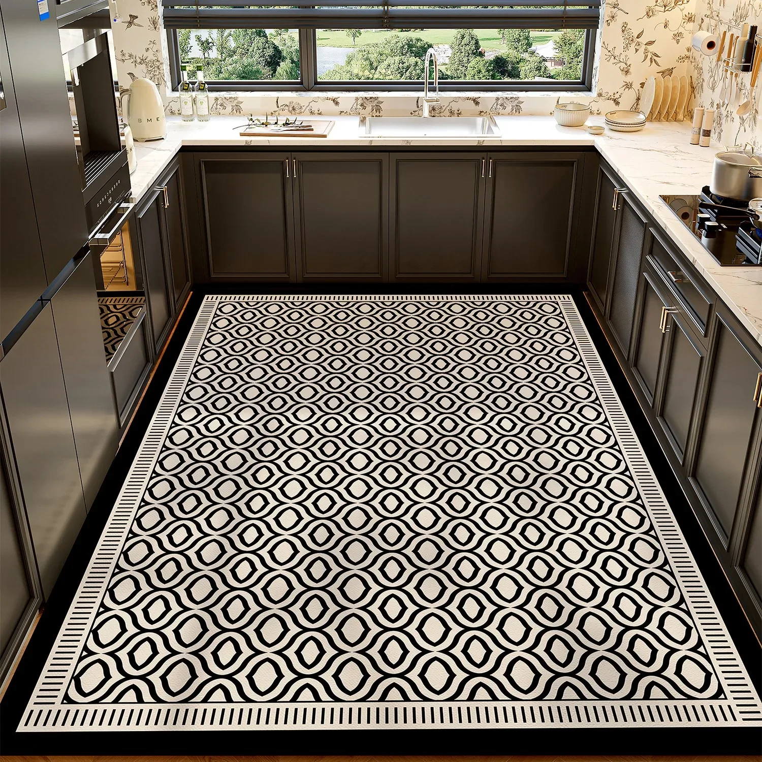 Schwarz-weiße geometrische Retro-Küchenmatte, rutschfester, wasserabsorbierender Teppich, ölbeständig, langlebig, Heimdekoration, moderne minimalistische Stile